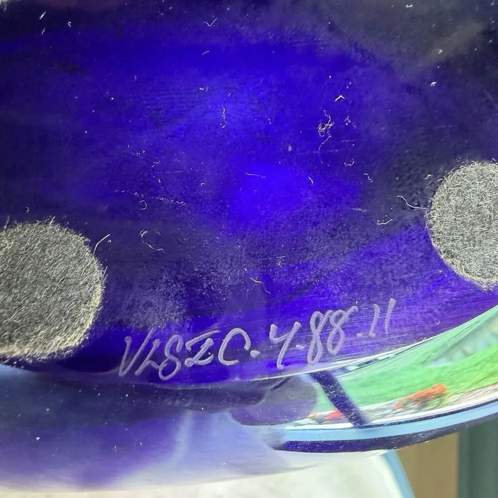 Steven Correia Signed Cobalt Iridescent Pulled Feather Art Glass Flask Vase 8.5